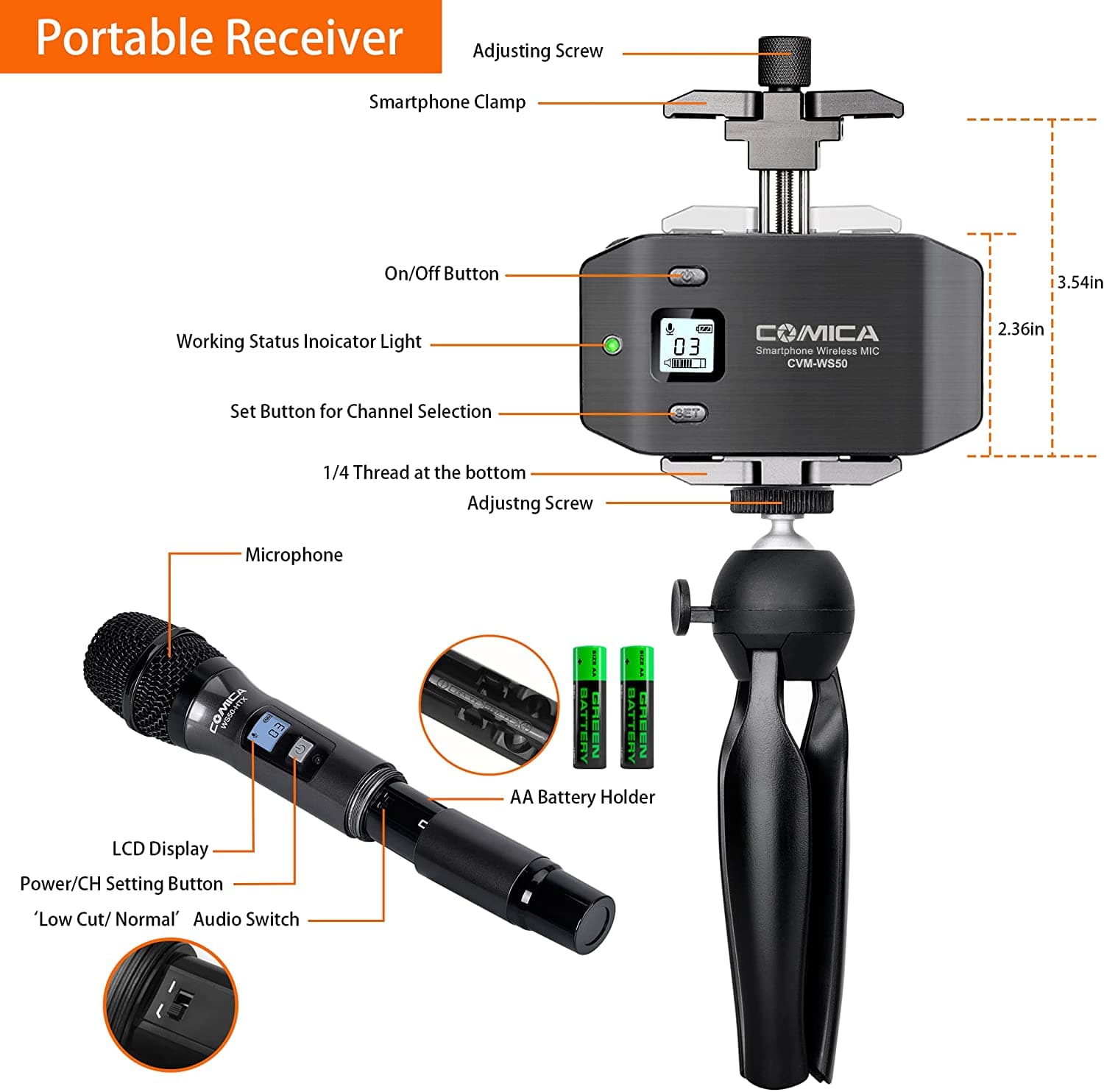 Comica CVM-WS50H Wireless Handheld Microphone Bundle for Smartphones 3